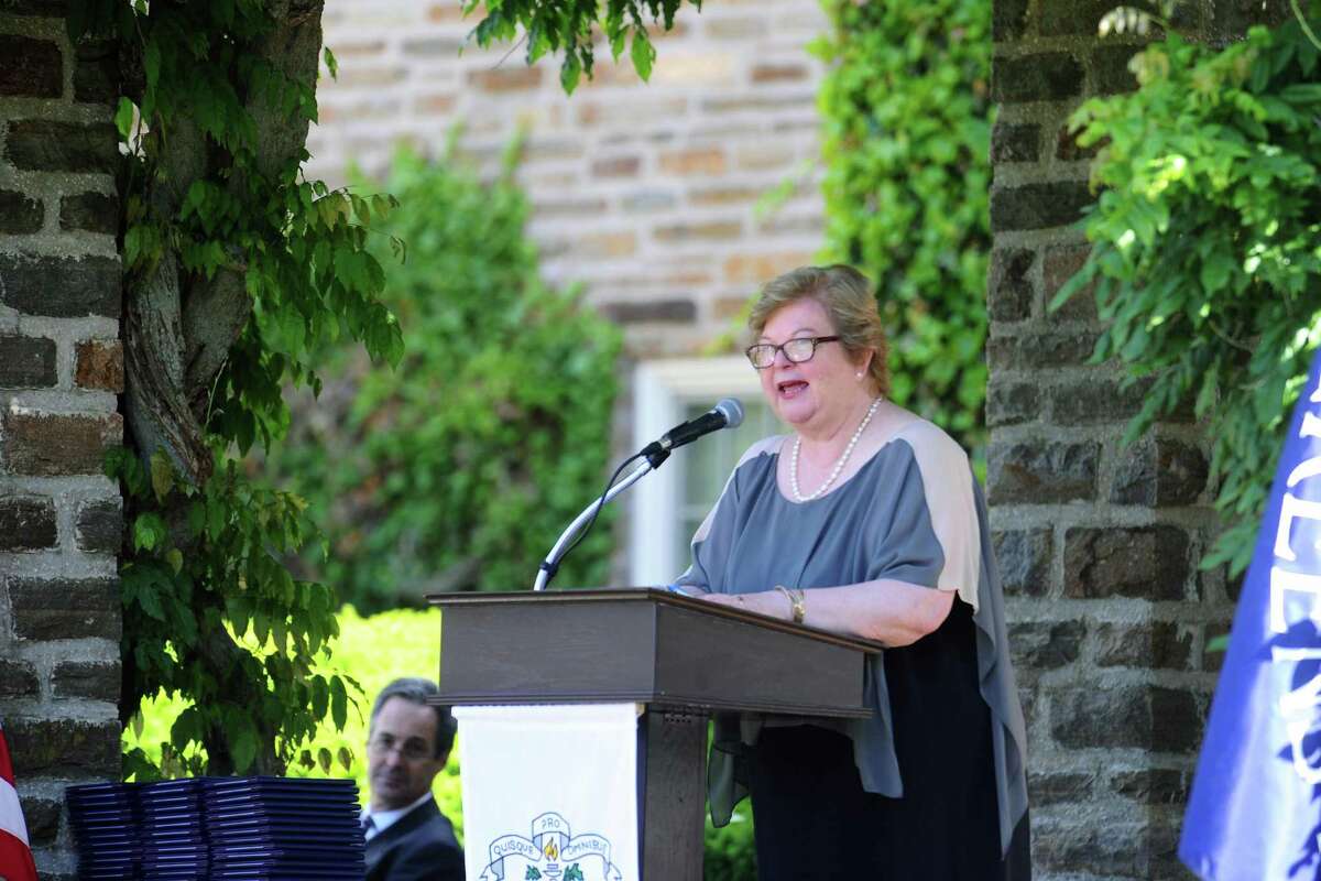 Retiring Head of School Janet Hartwell speaks during last year’s Greens Farms Academy graduation.