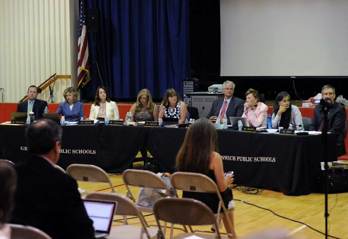 The final Greenwich Board of Education meeting of 2016-17 was held in the New Lebanon School gym in the Byram section of Greenwich, Conn. The political makeup of the board, now four Republicans, four Democrats, is under discussion by the town’s Board of Selectmen.
