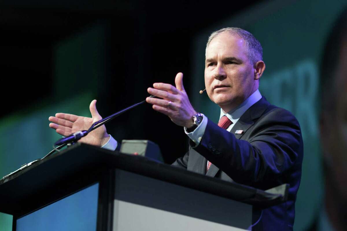 Scott Pruitt, administrator of the Environmental Protection Agency (EPA), speaks during the 2017 CERAWeek by IHS Markit conference in Houston Thursday. Pruitt outraged scientists and environmental groups and put him at odds with his agency’s own findings after telling CNBC that he didn’t think carbon dioxide was a primary driver of climate change Thrsday.