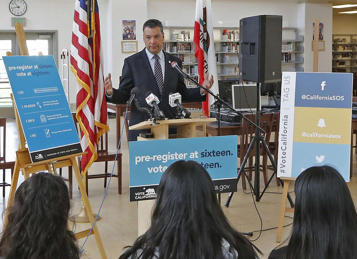 California Secretary of State Alex Padilla speaks before students participating in the launch of the California Online Pre-Registration for 16 and 17 Year Olds at Robert F. Kennedy High School in Los Angeles Thursday, March 9, 2017. California youth who pre-register to vote will have their registration become active once they turn 18 years old. Eligible youth can pre-register to vote online at www.registertovote.ca.gov. (AP Photo/Damian Dovarganes)