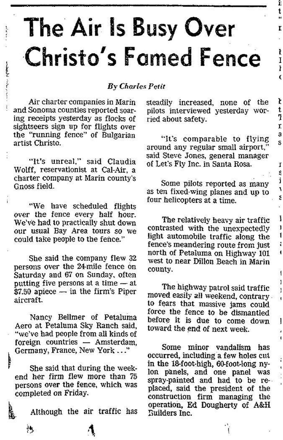 The Chronicle reports on air traffic over New York artist Christo Javacheff's Running Fence from Petaluma to the Pacific Ocean, September 14, 1976