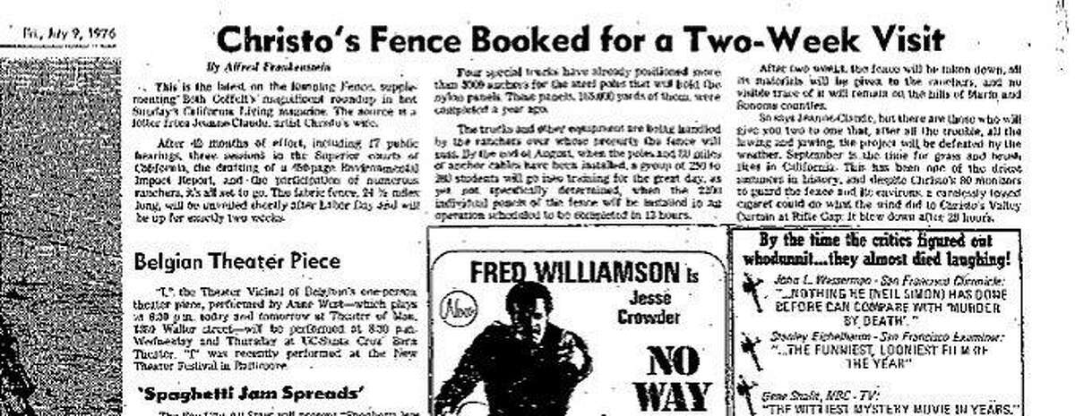 The Chronicle story on upcoming project of New York artist Christo Javacheff's 24 mile Running Fence from Petaluma to the Pacific Ocean, July 8, 1976