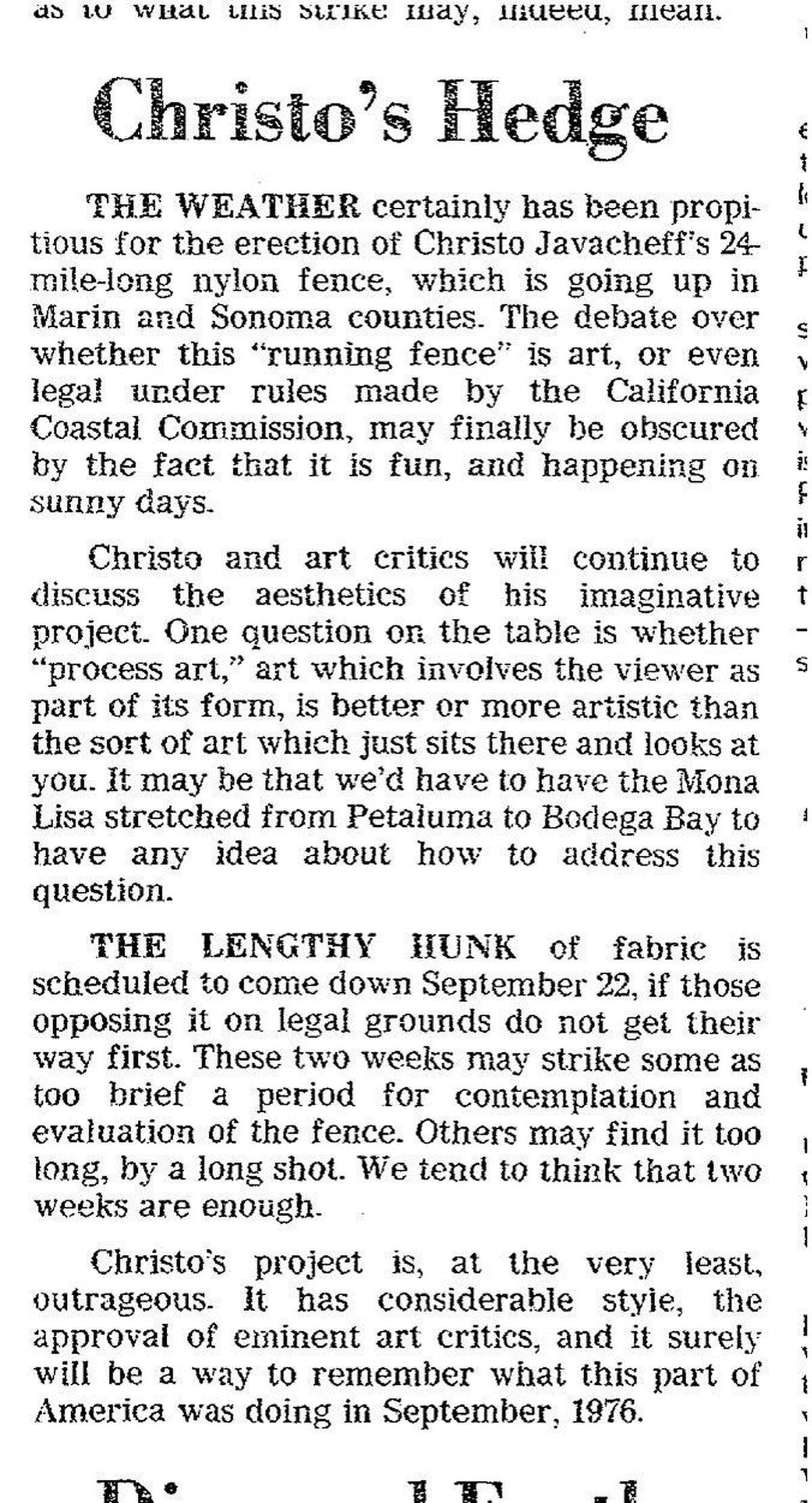 The Chronicle editorial on New York artist Christo Javacheff's Running Fence from Petaluma to the Pacific Ocean, September 9, 1976