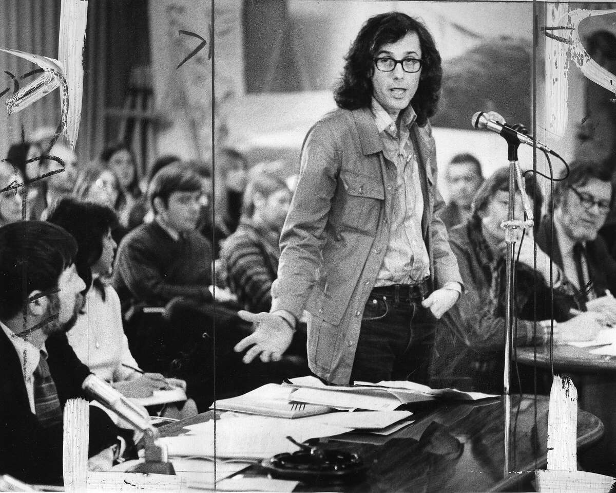 New York artist Christo Javacheff appeals to the Marin County Board of Supervisors to approve his project: a 24 mile long running fence through from Petaluma to the Pacific Ocean, February 4, 1975