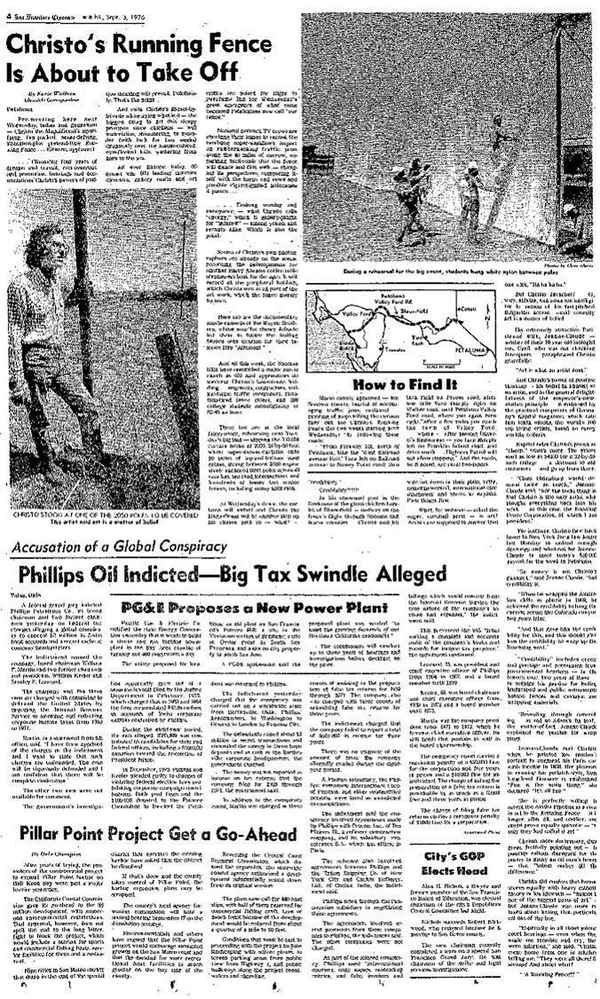 The Chronicle article on the unveiling of New York artist Christo Javacheff's Running Fence from Petaluma to the Pacific Ocean, September 8, 1976