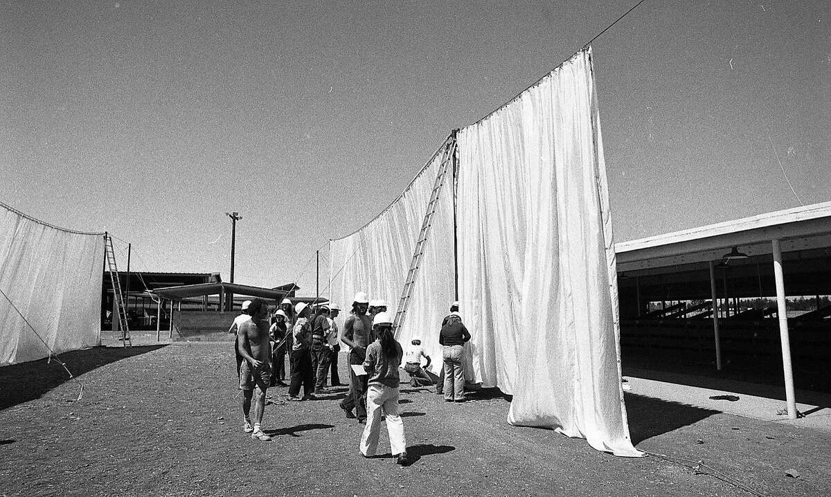 Christo installs his 24 mile long running fence through Sonoma County, September 1, 1976