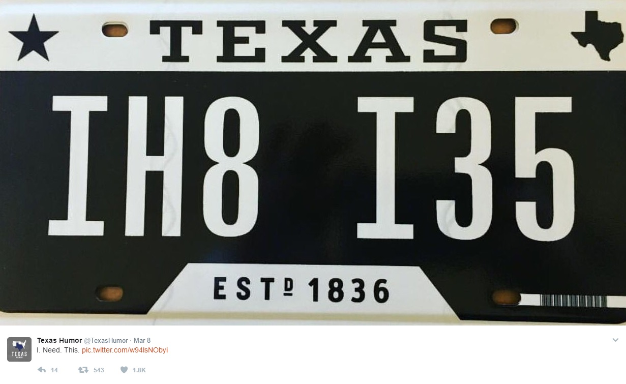 IH8 I35 license plate draws big reaction from Texans on Twitter