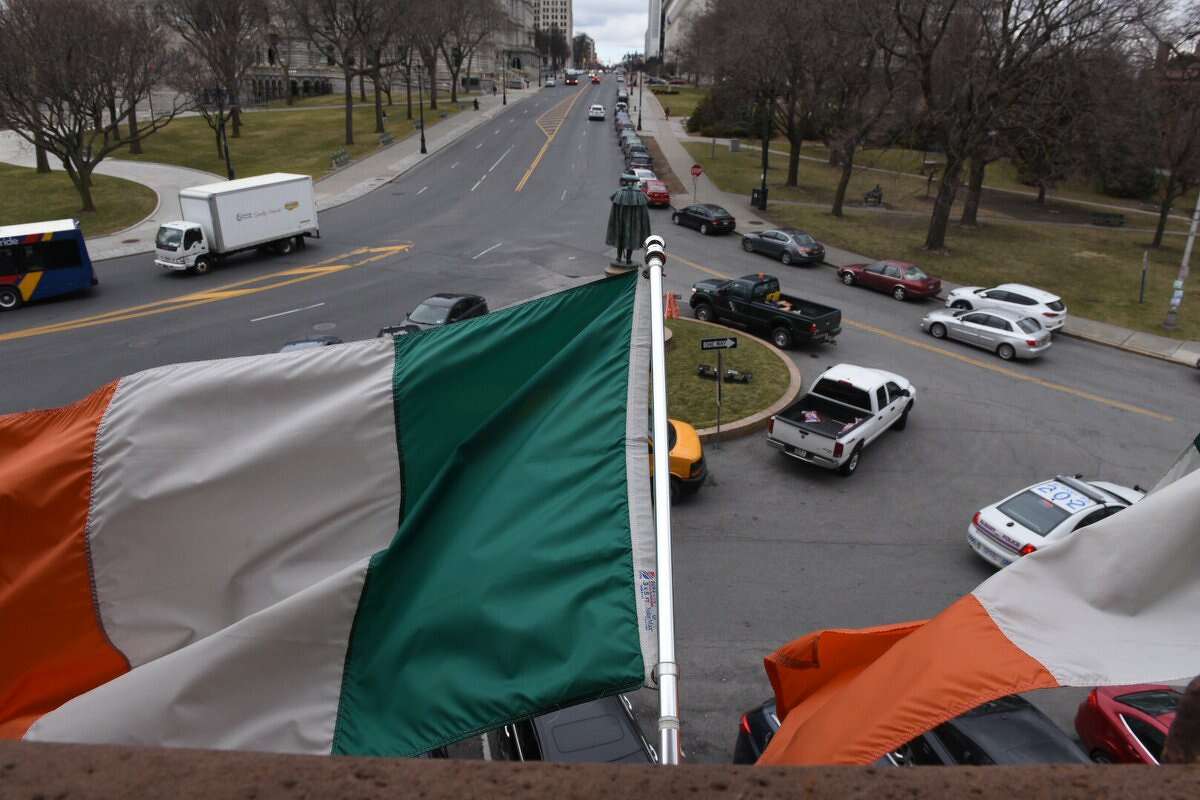 The Irish flag flies at Albany City Hall,  2017. (Will Waldron/Times Union)