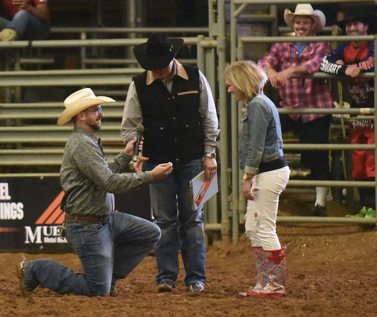Clayton Peterson proposes to Molly Mae Cates at Tejas Rodeo in Bulverde. The venue offers dining, a rodeo per- formance and other events.