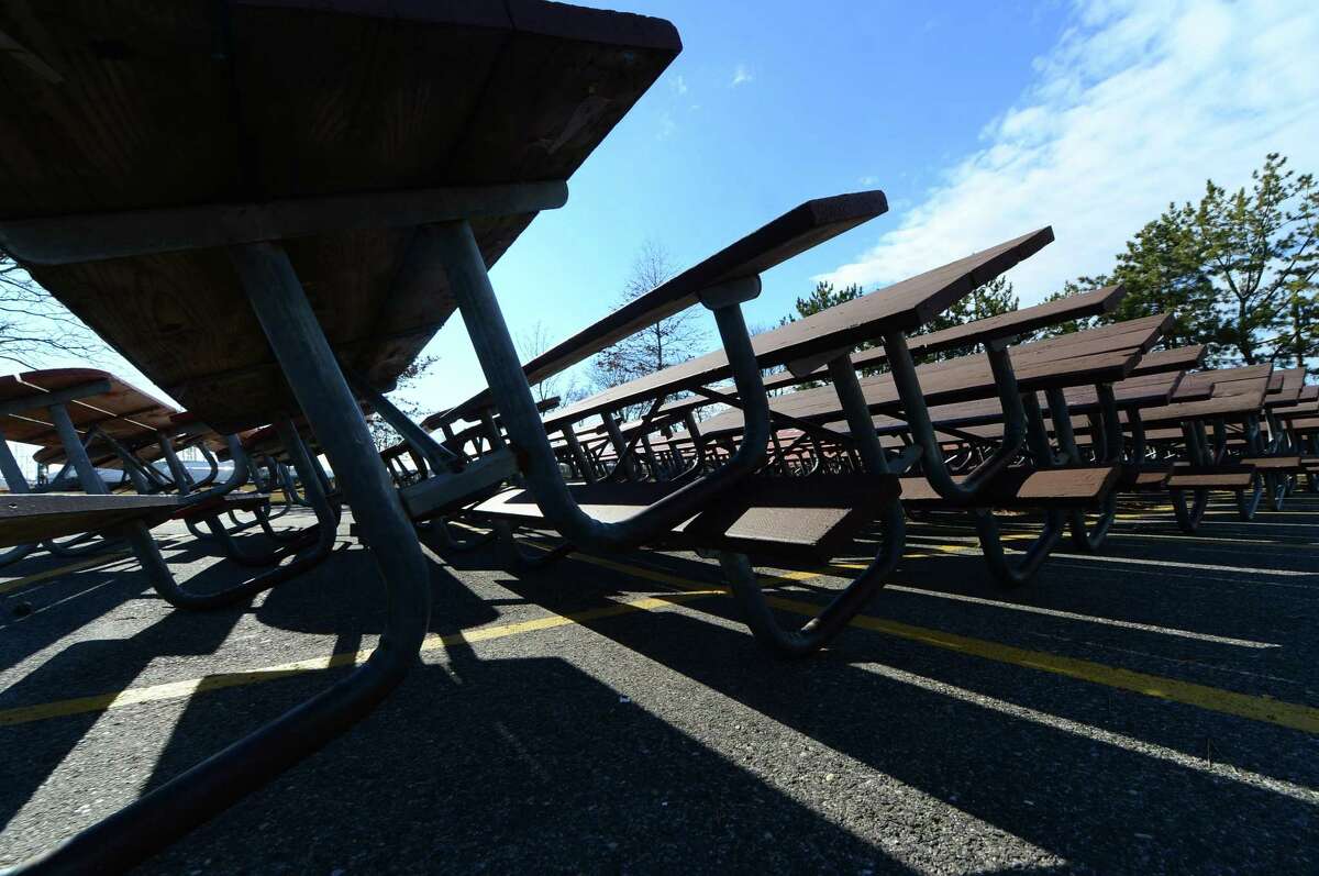 Picnic tables at Shady Beach Thursday, March 9, 2017, where fees for tables, now at $5, may go up for non-residents in Norwalk Conn. The Norwalk Common Council?’s Recreation, Parks and Cultural Affairs Committee is likely to advance proposed fees schedule for fiscal year 2017-18 after shifting some cost increases from residents to non-residents.