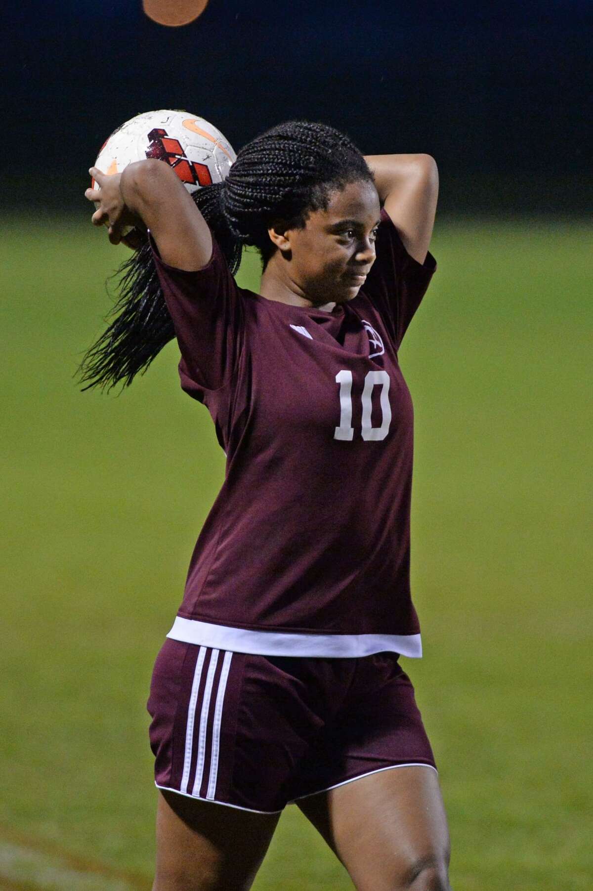 Kenedy Verge (10) of Kempner makes a throw-inj during the first half of a girls high school soccer game between the Travis Tigers and the Kempner Cougars on Friday, March 10, 2017 at Travis High School, Richmond, TX.