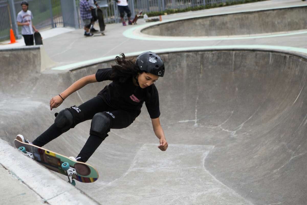 Raina Saenz, 15, is glad the Lee and Joe Jamail Skatepark has reopened. She describes the atmosphere at the park on Saturday, March 11, 2017, as a close-knit community where has been easy for her to make friends. (Marie D. De Jesus/Houston Chronicle)