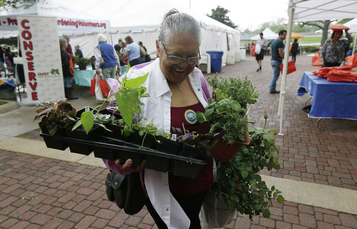 Cookie Polendo has her hands full after purchasing various plants at San Antonio Water System's annual Spring Bloom event on Saturday, Mar. 11, 2017. Poland and her daughter attended the event for the first time. The event drew hundreds to seek out plant and gardening ideas on a misty Saturday morning. This year's theme aptly was rain gardens with gardening and landscape experts who spoke throughout the day and offered tips. There was also a learning area for children and hands-on demonstrations. (Kin Man Hui/San Antonio Express-News)