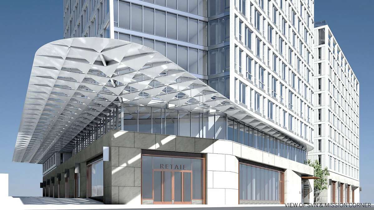 The 1500 Mission project, being designed by the architectural firm SOM, will include a 39-story residential tower with a large porous canopy to extend over the sidewalk and deflect wind.