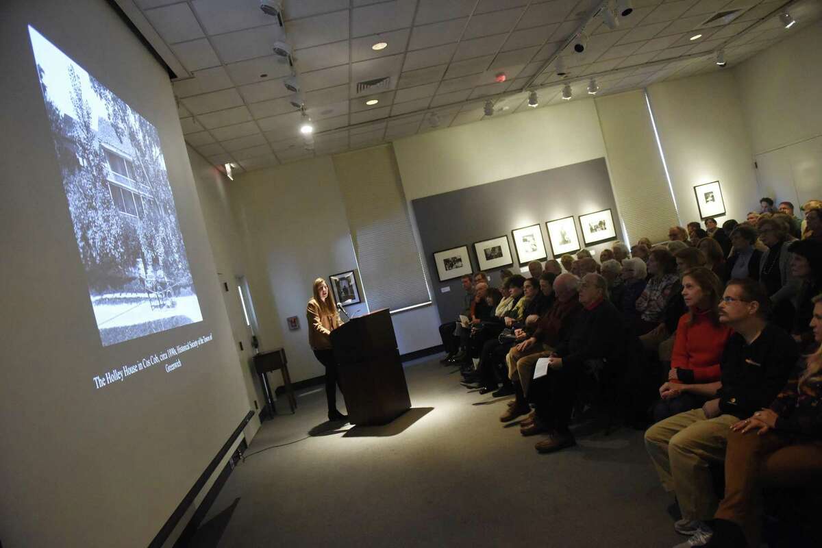 Florence Griswold Museum Assistant Curator Jenny Parsons, Ph.D., speaks on "Childe Hassam & American Impressionism on the Connecticut Coast" at the Bruce Museum in Greenwich, Conn. Sunday, March 12, 2017. Parsons focused on Childe Hassam?’s art in Cos Cob and discussed how Connecticut art colonies helped the development of American Impressionism as a whole.