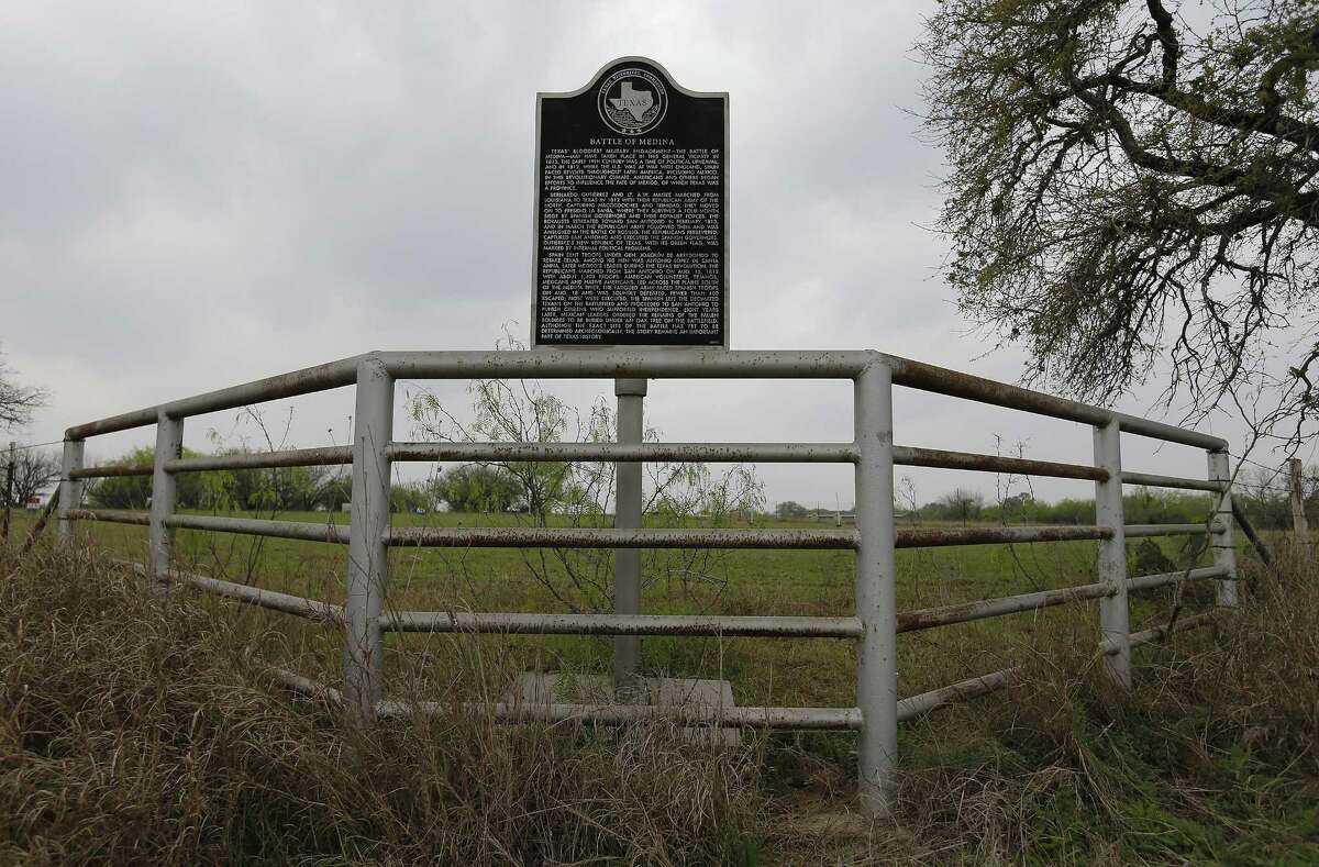 A historical marker commemorating the Battle of Medina is seen at the corner of Bruce Road and Applewhite Road in Atascosa County.
