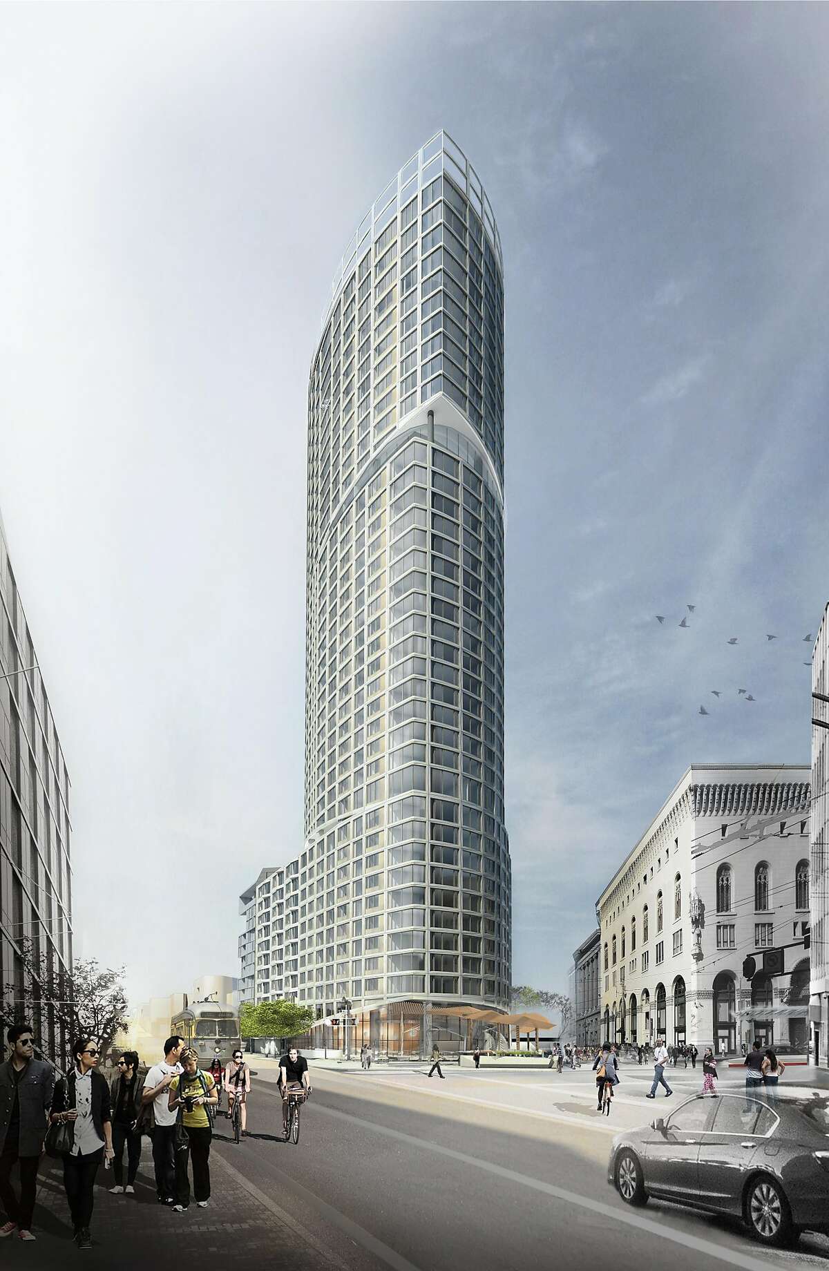 The One Oak tower at Market Street and Van Ness Avenue, designed by SCB and�Sn�hetta for Build Inc., would fill what now is a parking lot and donut shop.This rendering shows the tower from the east; the mouth-like opening up high would be an amenity space for residents.