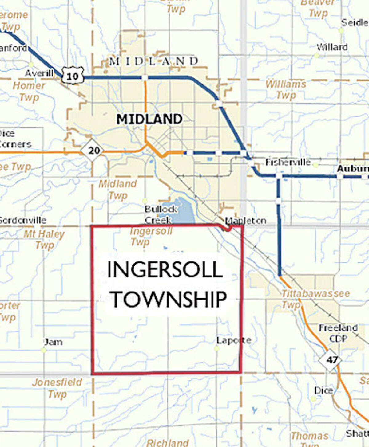 MICHIGAN.GOV A map of Ingersoll Township, outlined in red. A town hall meeting on the turbine issue is scheduled for March 22.