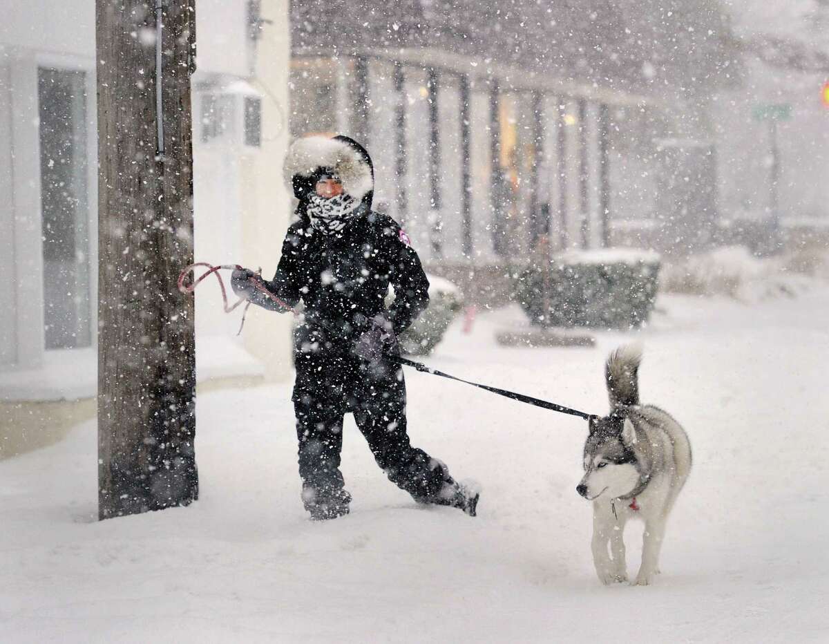 In near white-out weather conditions, Emily Hoffman of Greenwich had on full winter gear while she walked her Serbian Husky, Miko, on Hamilton Avenue in Byram during the snowstorm that hit Greenwich, Conn., Tuesday, March 14, 2017. Meteorologists are predicting a mixtured of snow and sleet with a steady wind of between 20-30 mph with an accumulation of snow of less than a foot for Greenwich and the surrounding area once the storm ends tonight.