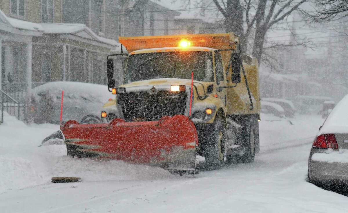 A city snow plows works to clear side streets as winter storm Stella @NWS #StellaBlizzard hits Tuesday March 14, 2017 in Schenectady, NY. (John Carl D'Annibale / Times Union)