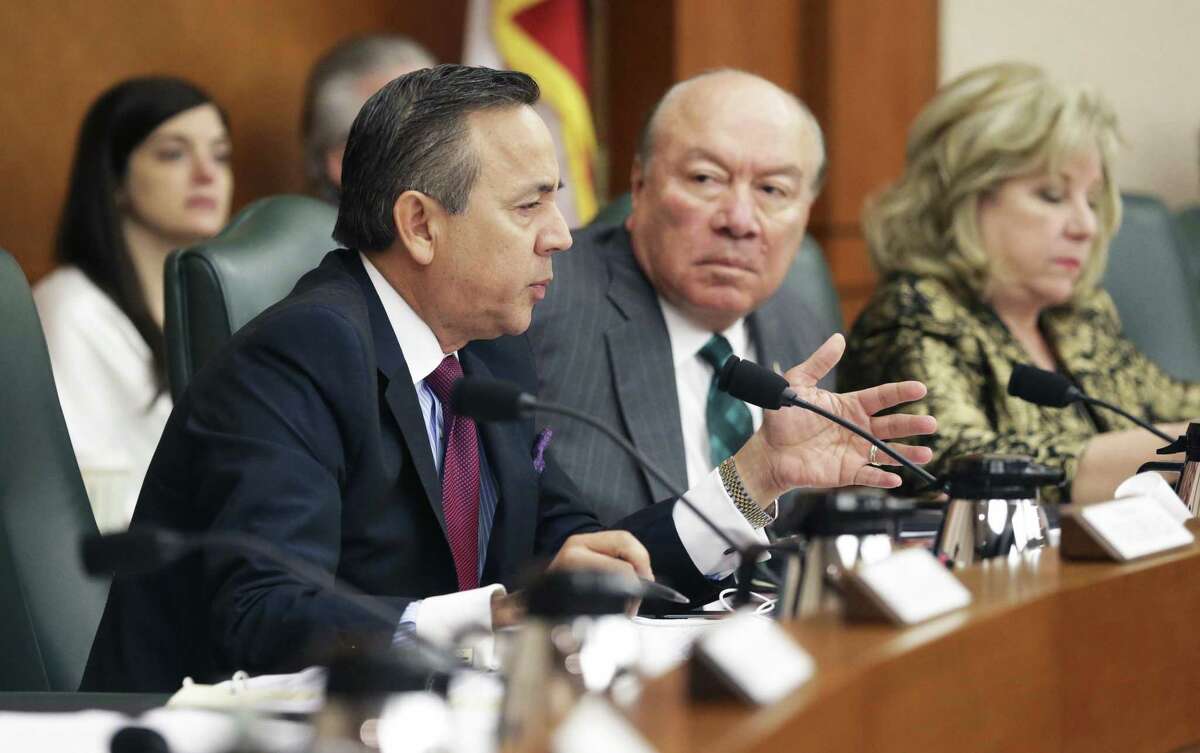 Senator Carlos Uresti questions San Antonio Police Chief William McManus as the Senate Finance Committee holds a hearing in the State Capitol concerning SB 2 the legislation designed to put restrictions on local property tax revenue on March 14, 2017.