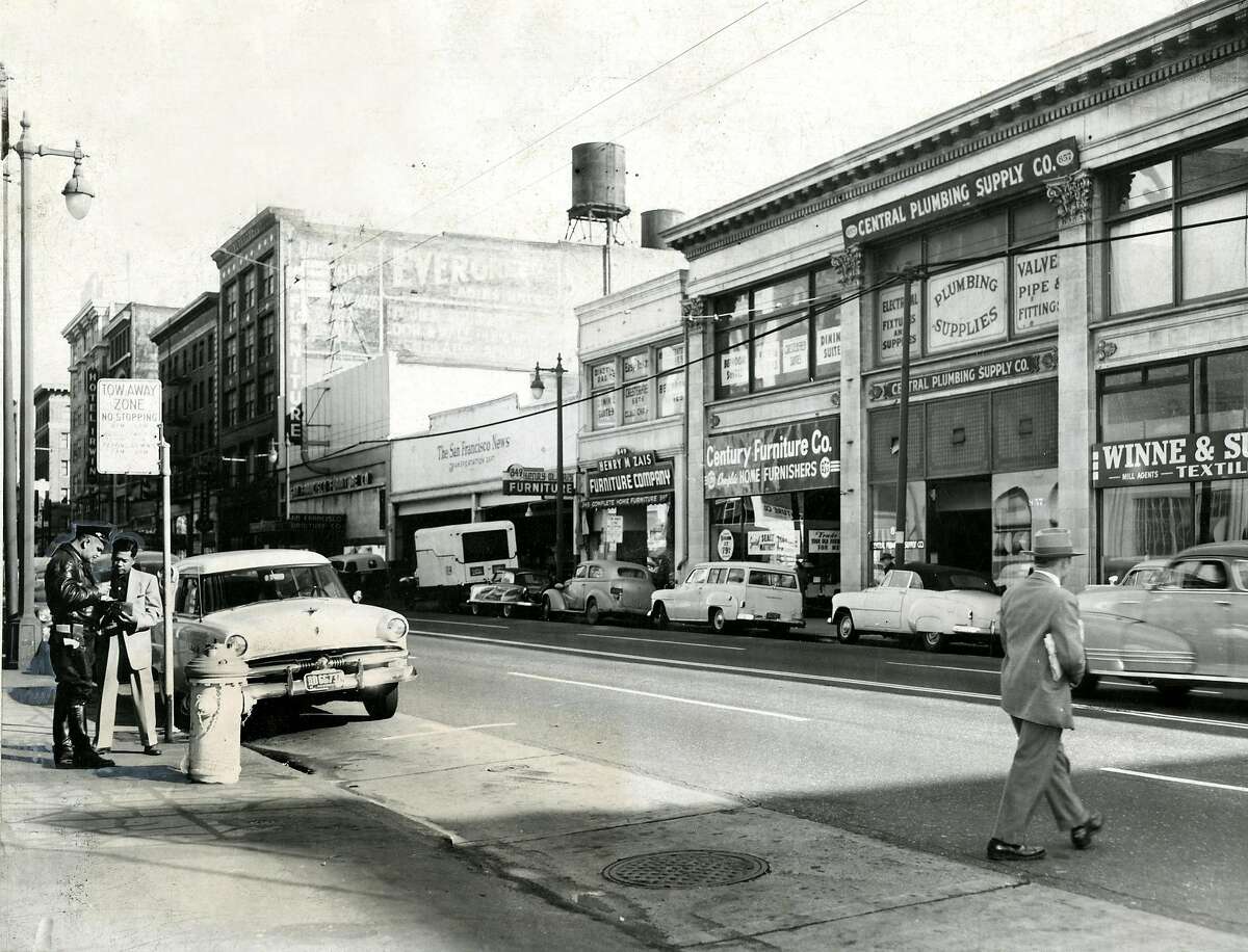 Jaywalkers are nothing new. Here’s one on S.F.’s Mission Street in 1959.