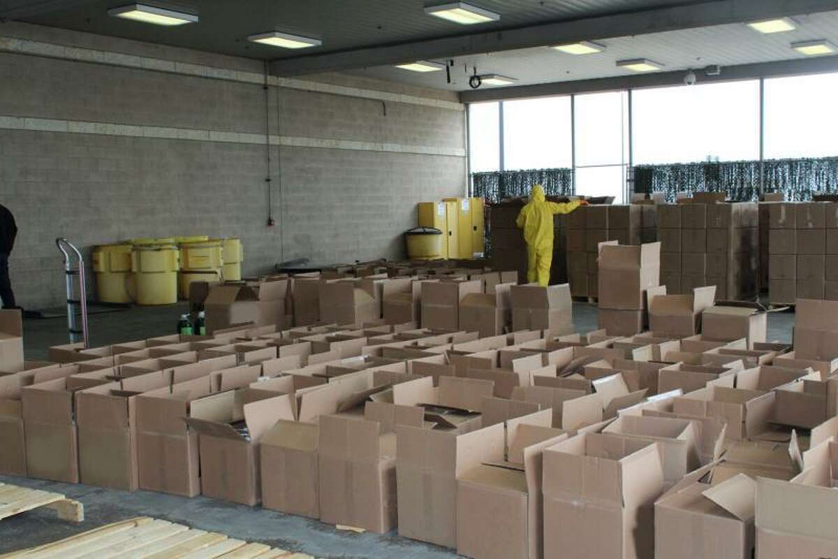 Boxes of cleaning solution containing a total 615 pounds of methamphetamine seized by U.S. Customs and Border Protection officers at Pharr International Bridge.