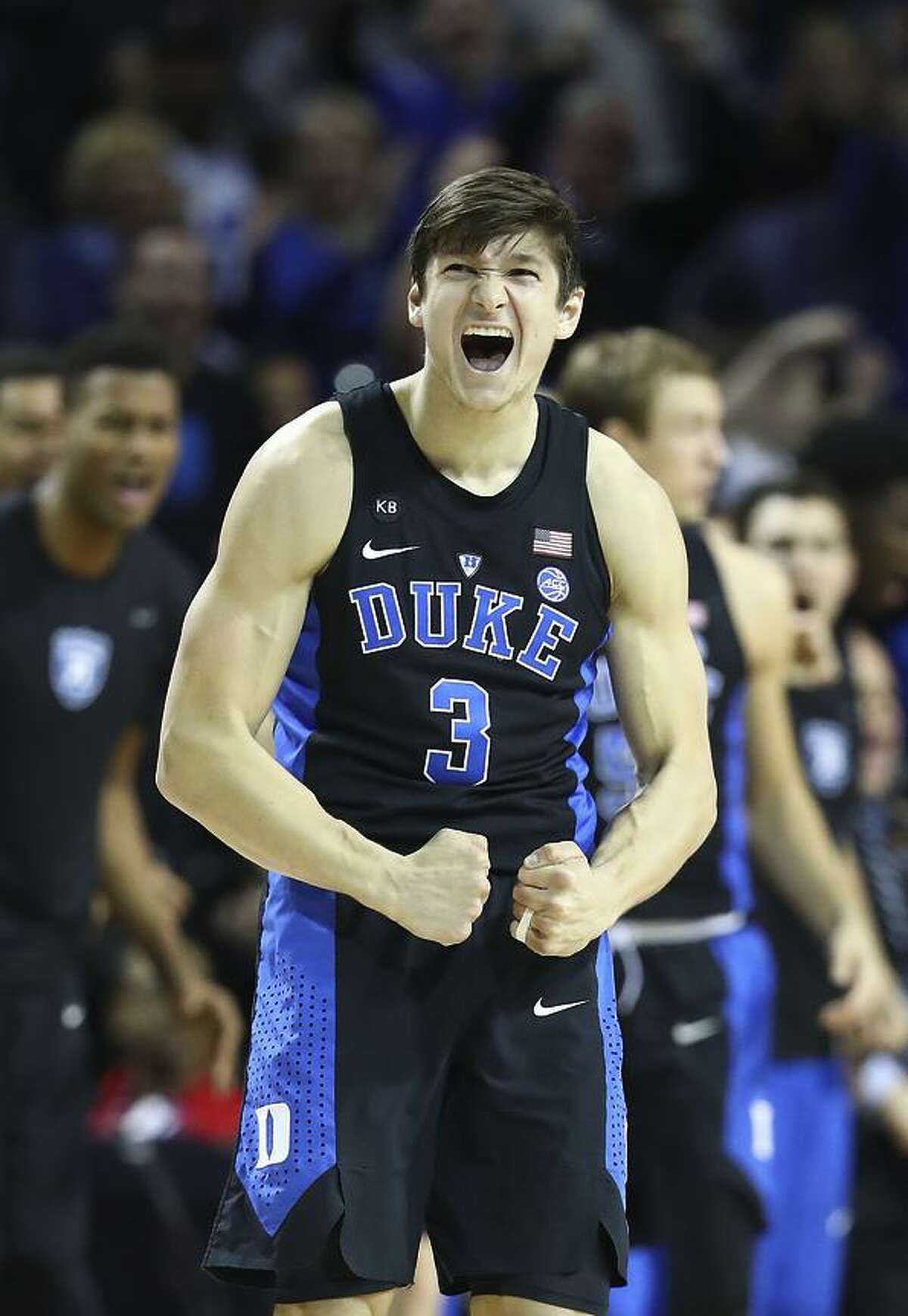 Duke: NEW YORK, NY - MARCH 10: Grayson Allen #3 of the Duke Blue Devils reacts after Luke Kennard #5 hit a three point shot against the North Carolina Tar Heels during the Semi Finals of the ACC Basketball Tournament at the Barclays Center on March 10, 2017 in New York City. (Photo by Al Bello/Getty Images)