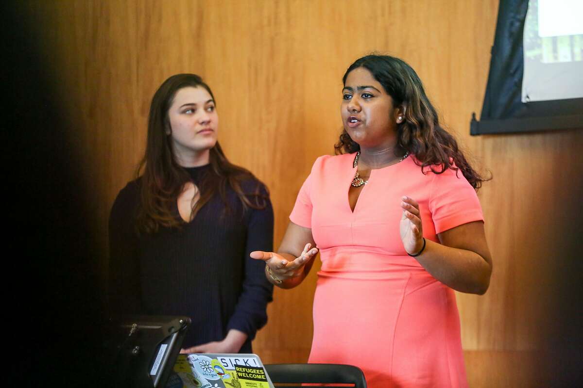 Aisha Srinivasa (right) and Dominiqu Lewis of the Egypt Project present their research at UC Berkeley School of Law's Human Rights Investigations Lab on Wednesday, March 14, 2017 in Berkeley, Calif.