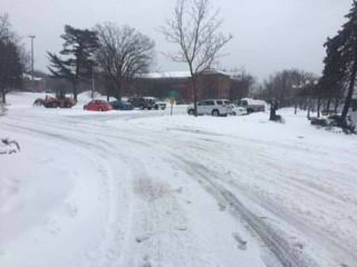 The Westport Library parking lot during winter storm Stella.