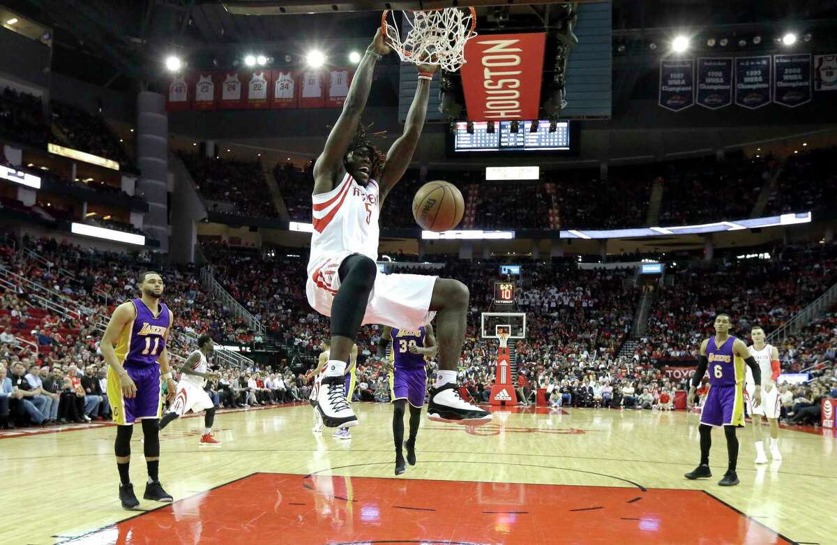 Houston Rockets' Montrezl Harrell (5) dunks against the Los Angeles Lakers during the second half of an NBA basketball game Wednesday, March 15, 2017, in Houston. The Rockets won 139-100. (AP Photo/David J. Phillip)