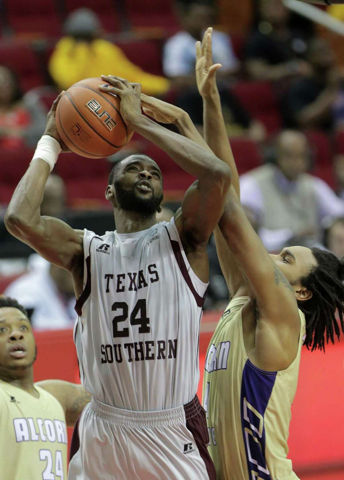 Texas Southern Tigers center Marvin Jones (24) tries to get a shot off in the second half of SWAC tournament against Alcorn State on March 11, 2017, in Houston.