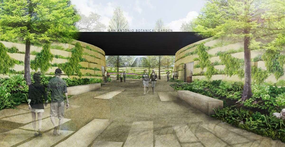 A rendering of the new welcome area of the Botanical Garden, with gift shop on the left, outdoor pavilion in the center and discover educational complex on the right.