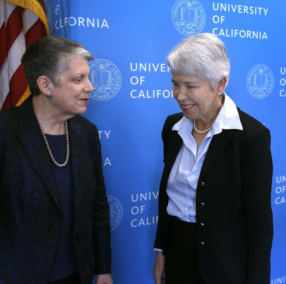 University of California president Janel Napolitano speaks with Carol Christ after she is confirmed as the new chancellor of UC Berkeley by the Board of Regents in San Francisco, Calif. on Thursday, March 16, 2017. Christ succeeds Nicholas Dirks who is stepping down at the end of the current school year.