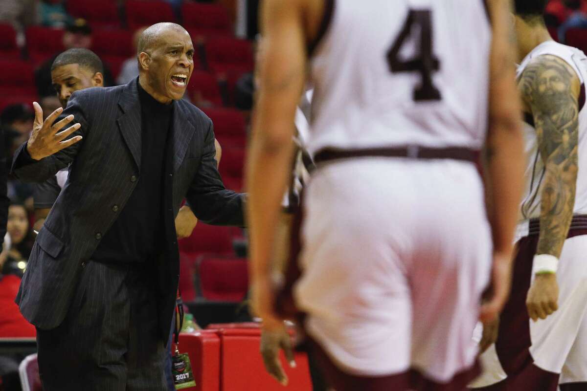 Texas Southern coach Mike Davis yells at his team during a game against Grambling State in the SWAC tournament semifinals at the Toyota Center on March 10, 2017 in Houston.
