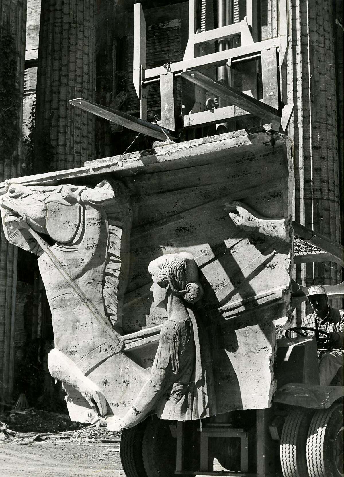 San Francisco Palace of Fine Arts bas relief, shown during the reconstruction and restoration. September 4, 1964