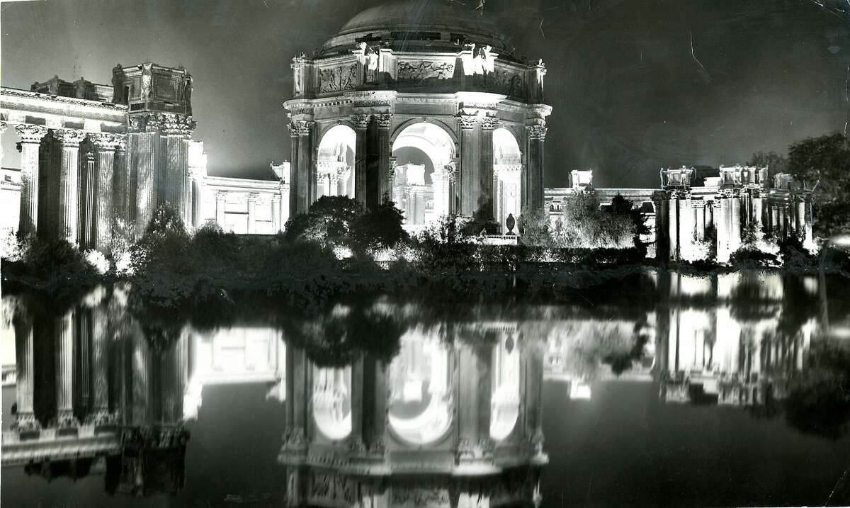 San Francisco Palace of Fine Arts shown lit up for Christmas prior to reconstruction. December 21, 1958