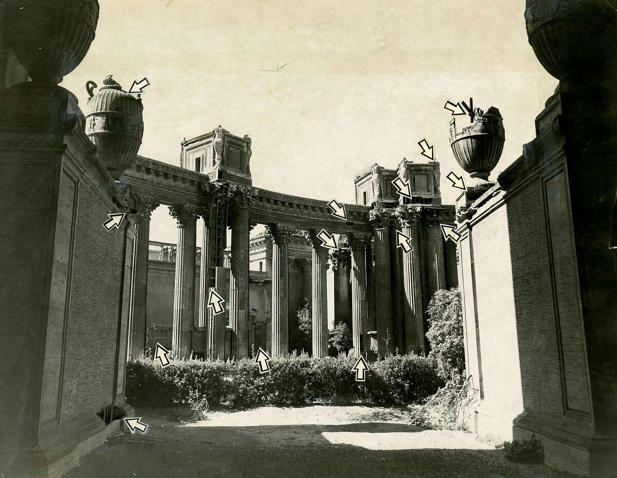 San Francisco Palace of Fine Arts, showing areas of deterioration prior to reconstruction. August 13, 1968