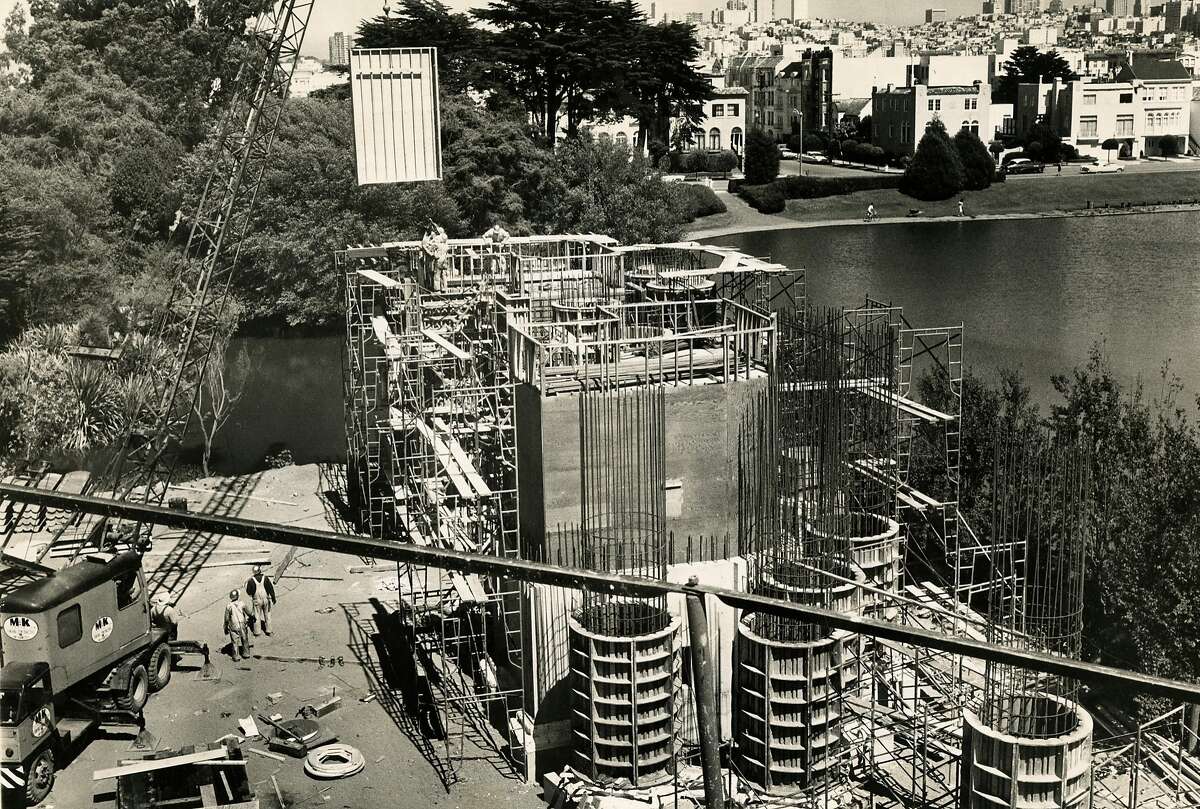 Columns at the north end of the San Francisco Palace of Fine Arts during restoration. August 3, 1965
