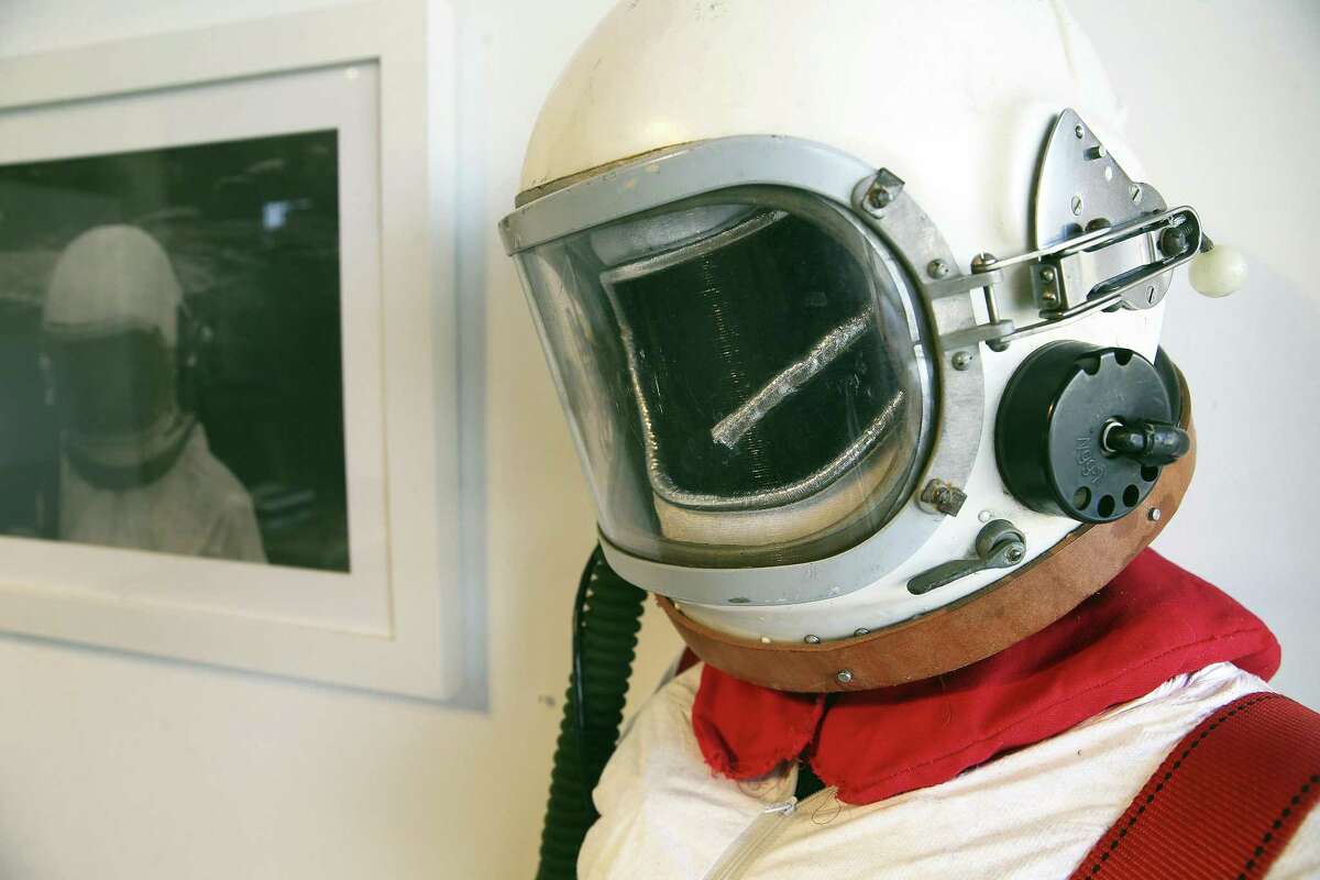 Artist Christine Zuercher purchased a 1950s Cosmonaut helmet on Ebay that she used to make a space suit for her exhibition “Distant Transmissions.”