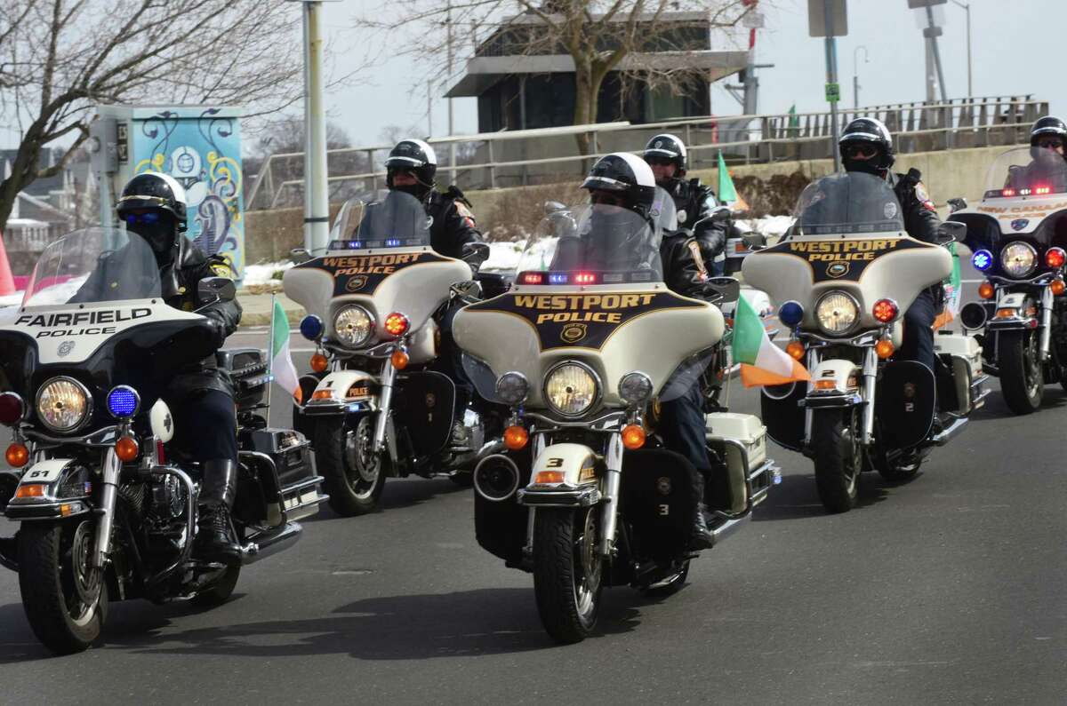 Westport and Fairfield police motorcycles participate in The Norwalk Police Emerald Society’s second annual St. Patrick’s Day parade March 11 in Norwalk. The parade route began at Norwalk Veterans Park, made it's way down Washington Street, under the SONO Railroad Bridge onto North Main Street, then ending at O’Neills Irish Pub and Restaurant.