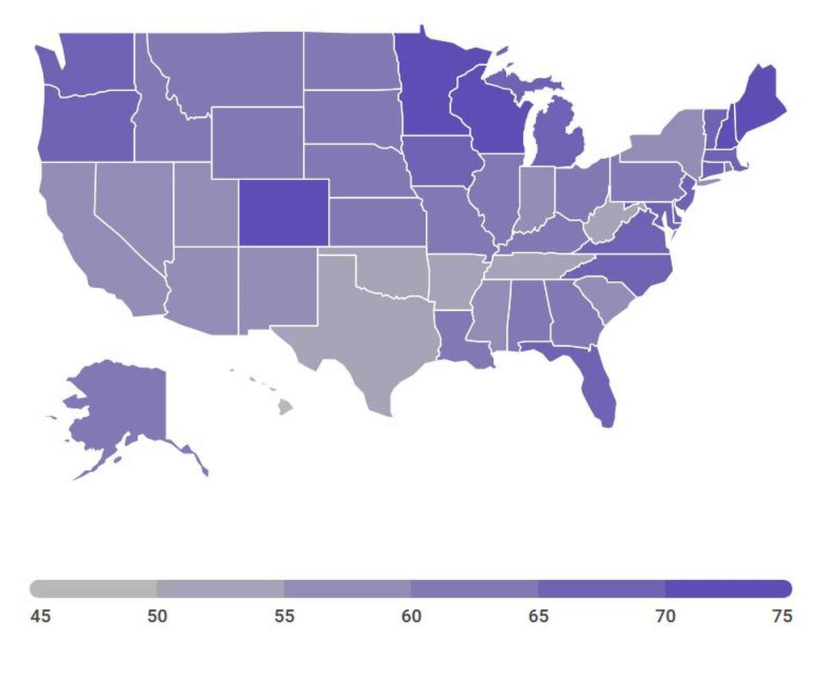 A map showing voter turnout in the 2016 general election according to the US Elections Project report titled "America Goes to the Polls." Minnesota ranked #1 with the highest rate of voter turnout* in the 2016 general election (75 percent), and Hawaii ranked last (43 percent). New York ranked #41 with a 57 percent turnout. (Cathleen F. Crowley/Times Union)