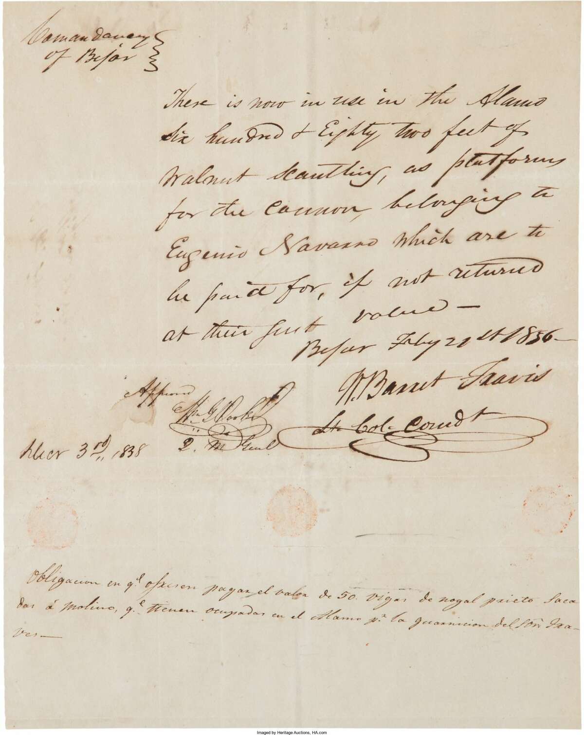 A document signed by William Barrett Travis, paired with another signed by John N. Seguin and Antonio Menchaca, is for auction in the Texana and Western Americana auction on March 24, 2017, in Dallas.  Price: Bidding starts at $75,000