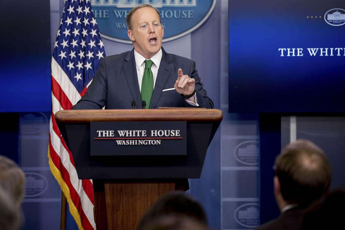 White House press secretary Sean Spicer talks to the media during the daily press briefing at the White House in Washington, Thursday, March 16, 2017. A person jumped a pedestrian barrier outside the White House on Saturday, prompting a Secret Service response, according to the Trump administration.