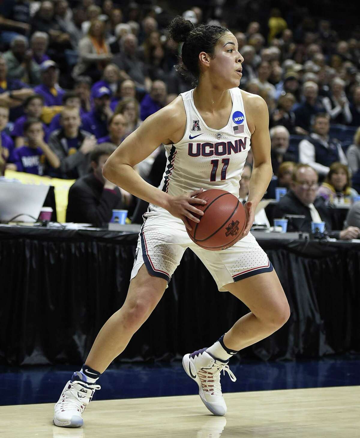 UConn’s Kia Nurse looks to pass during the first half Saturday’s NCAA Tournament win over Albany in Storrs.