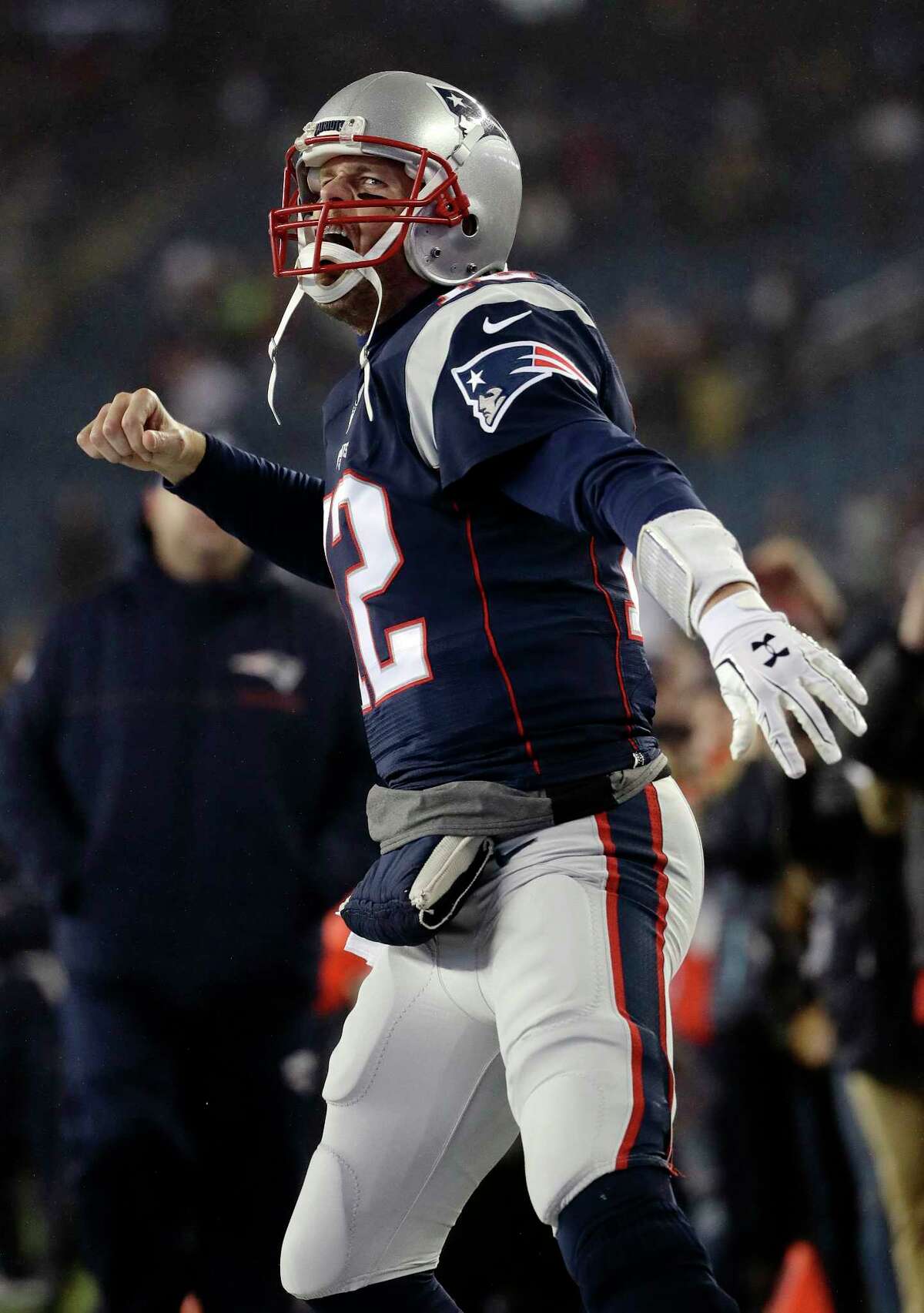 New England Patriots quarterback Tom Brady shouts as he takes the field to warm up before the AFC championship NFL football game against the Pittsburgh Steelers, Sunday, Jan. 22, 2017, in Foxborough, Mass. (AP Photo/Matt Slocum)
