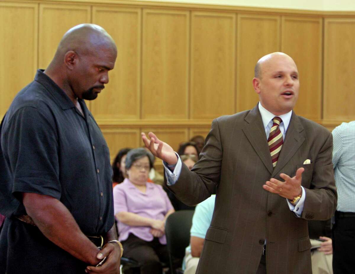 FILE- In this May 6, 2010 file photo, attorney Arthur Aidala, right addresses the court as his client, former New York Giants linebacker and Pro Football Hall of Famer Lawrence Taylor, listens, during Taylor's arraignment arraignment at Ramapo Town Court in Suffern, N.Y. Aidala, a former state prosecutor who is now a criminal defense attorney and Fox News legal analyst, is on a list of candidates to become the next U.S. Attorney for the Eastern District of New York. (AP Photo/Seth Harrison, Pool, File) ORG XMIT: NYR404
