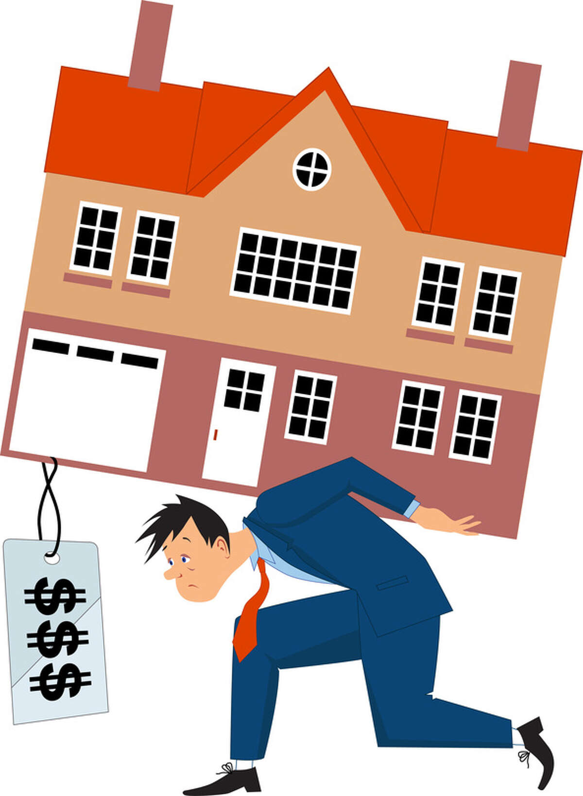 Man overburdened by expensive house. Illustration