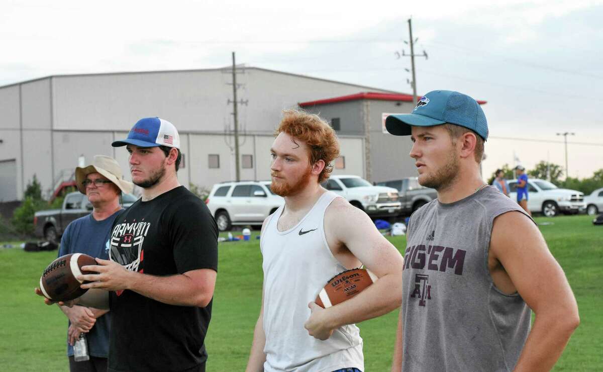 Former Tomball Christian players (from left to right) Sam Stanley, Crayton Fowler and Austin Frey leveraged their Warriors playing careers into collegiate football offers. Stanley plays for Sam Houston State University, Frey is a deep snapper for Texas A& and Crayton Fowler was a member of the Mary Hardin-Baylor squad that won its first-ever DIII Championship Dec 16. Like other former Warriors, Stanley, Fowler and Frey keep abreast of Warriors football and return as often as they can to contribute and help out..