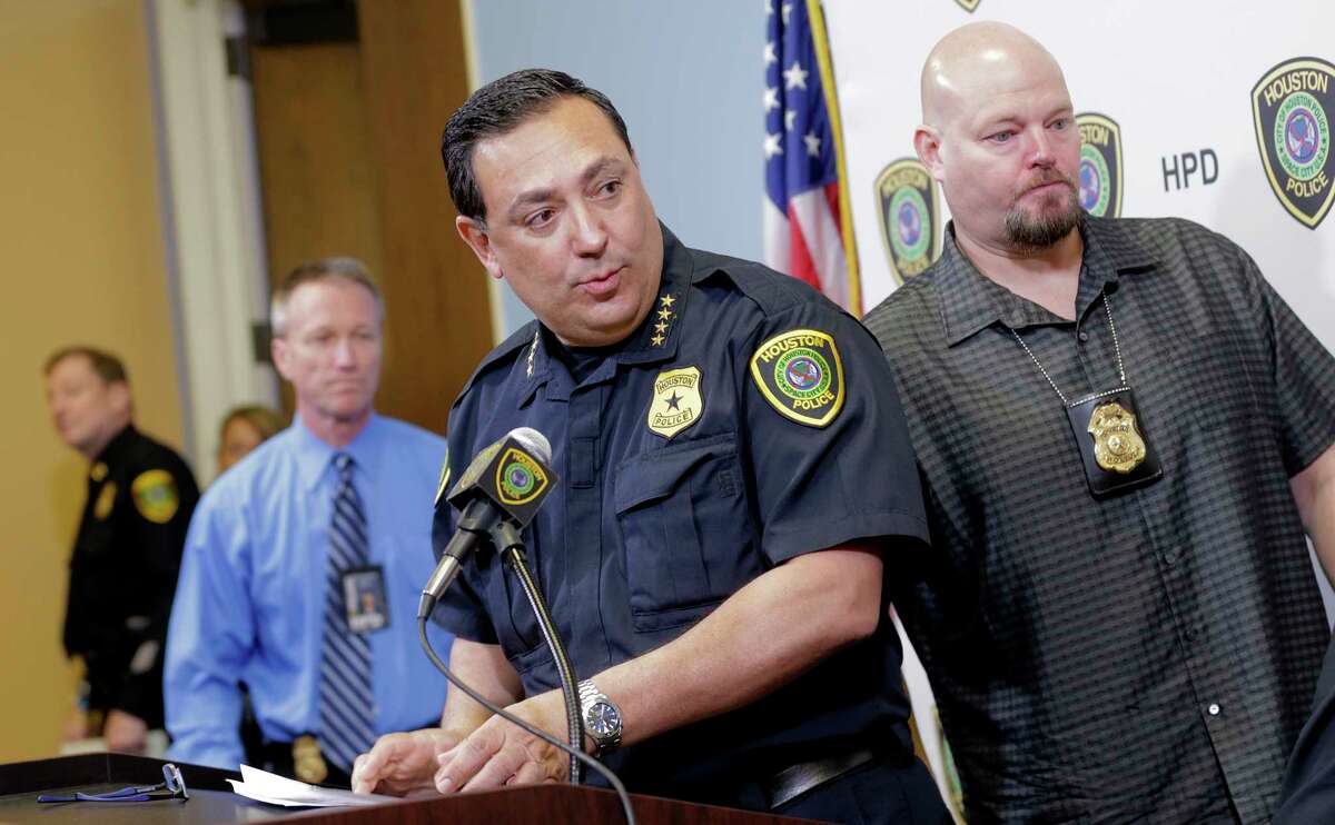 Houston Police Chief Art Acevedo and members of the HPD's major offenders division hold a press conference announcing the recovery of Patriot's quarterback Tom Brady's jersey on Monday, March 20, 2017, in Houston.